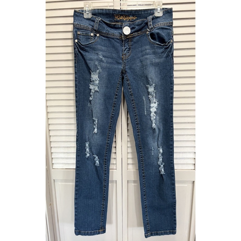 Bubblegum Low Rise Med Wash Skinny Distressed Denim Jeans Size 9/10 Logo
